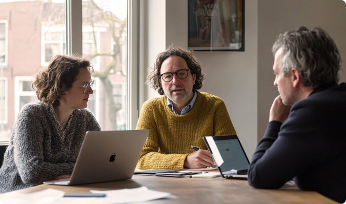 Drie mensen vergaderen aan tafel