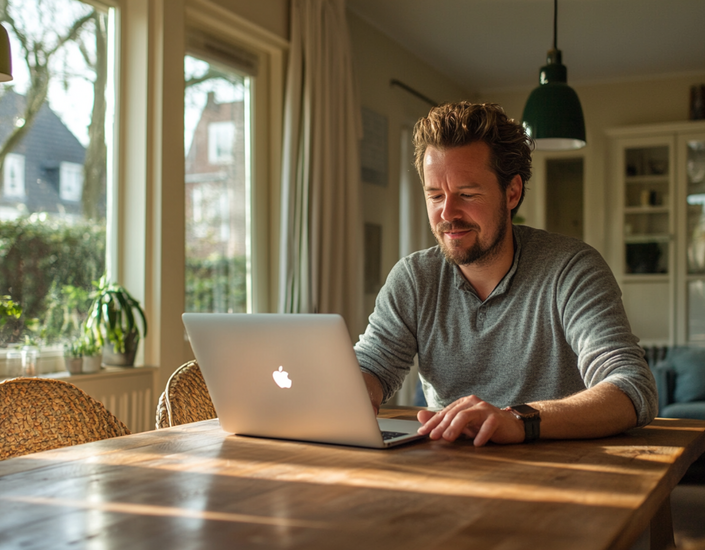 Man videobellend aan keukentafel